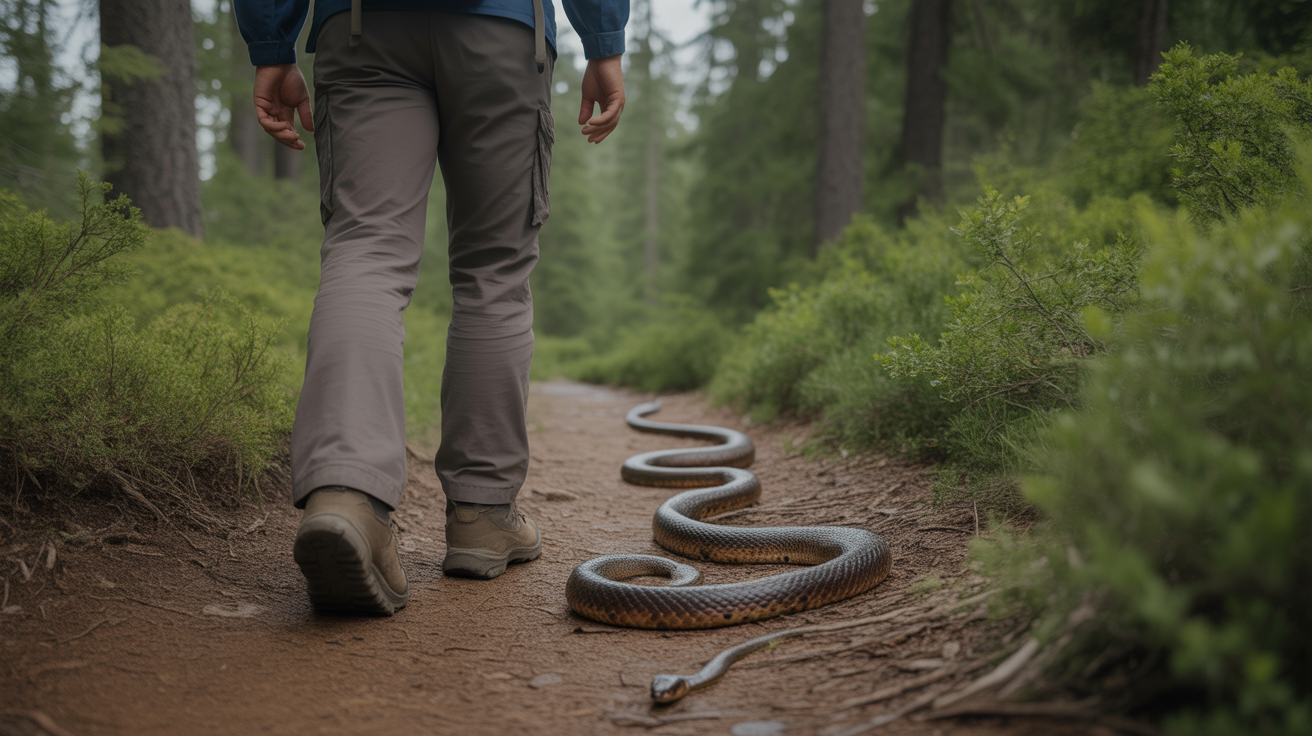 hiker encountering a snake on a forest trail and stopping to assess the situation safely