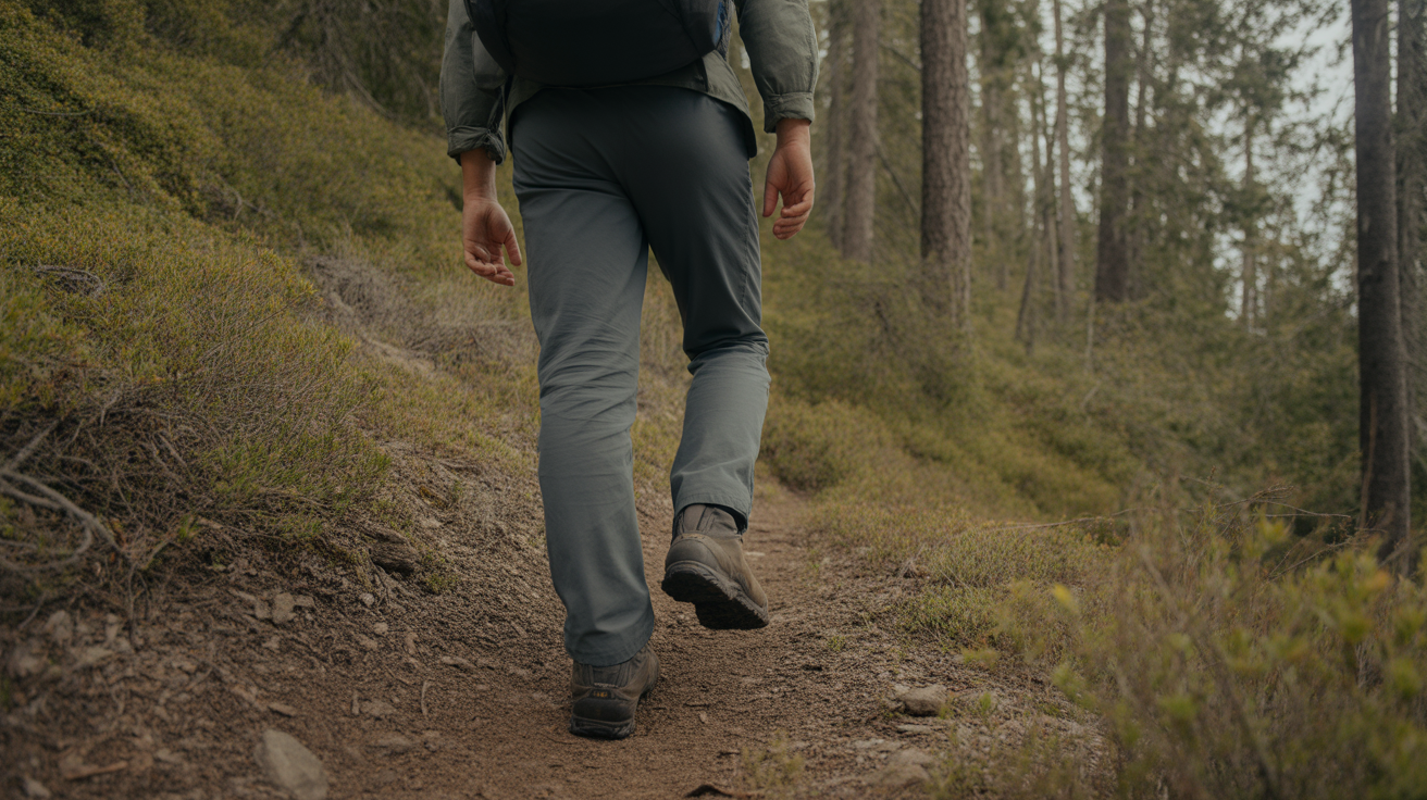hiker wearing wide fitting hiking boots on forest trail demonstrating proper fit and comfort