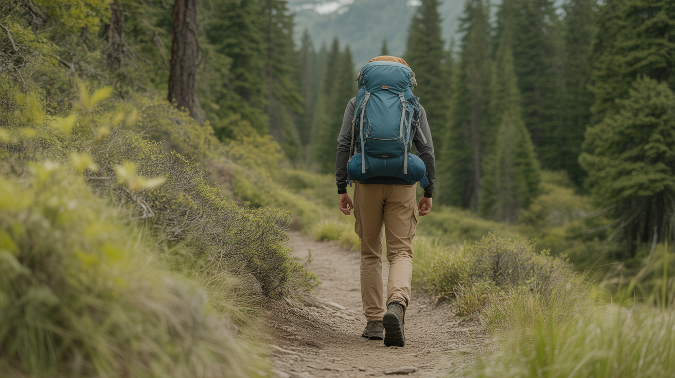 Hiker wearing wide fitting hiking boots on forest trail surrounded by evergreen trees