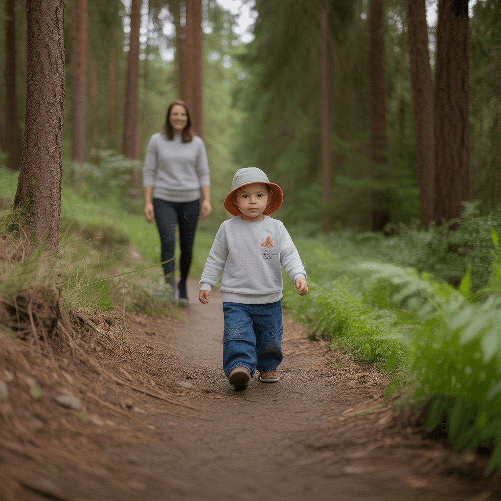 Young child on easy hiking trail with parent supervising nearby in forest setting