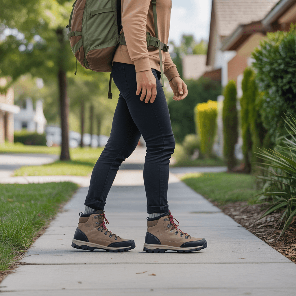hiker breaking in new hiking boots during neighborhood walk