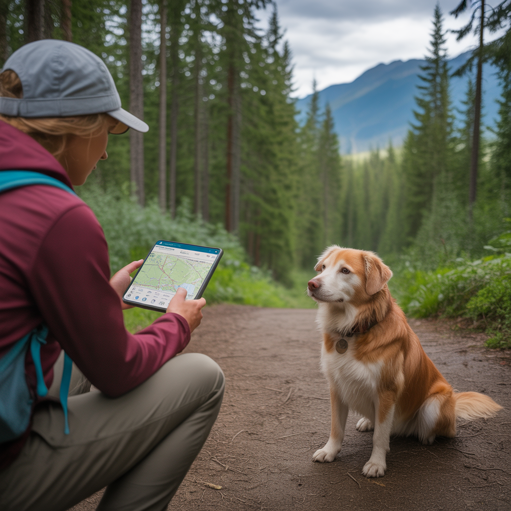 hiker checking dog-friendly trail information on phone at trailhead with dog