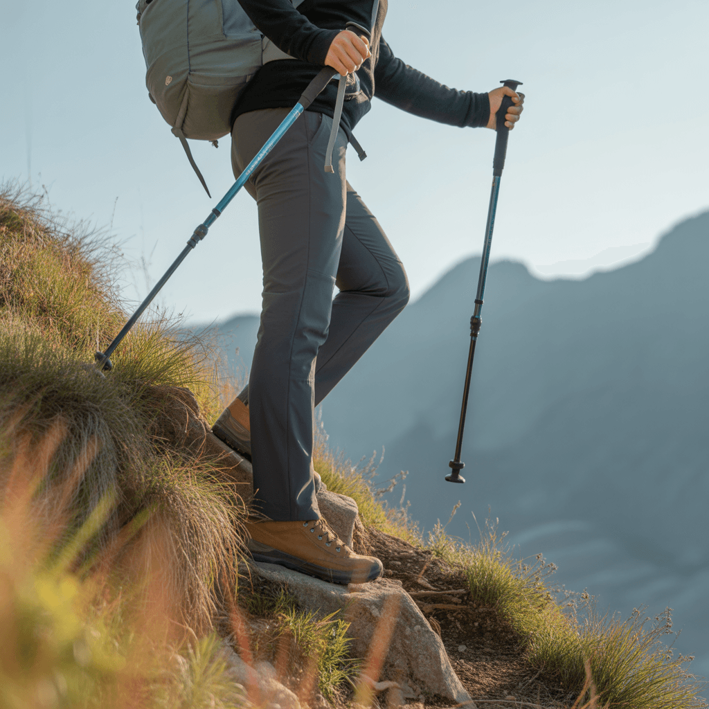 hiker breathing properly while hiking uphill on switchback mountain trail with trekking poles