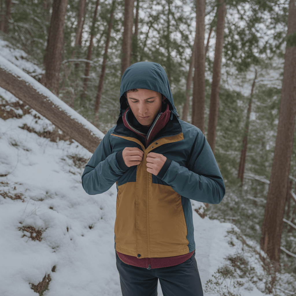 Hiker adjusting layers while hiking in cold weather conditions on winter trail