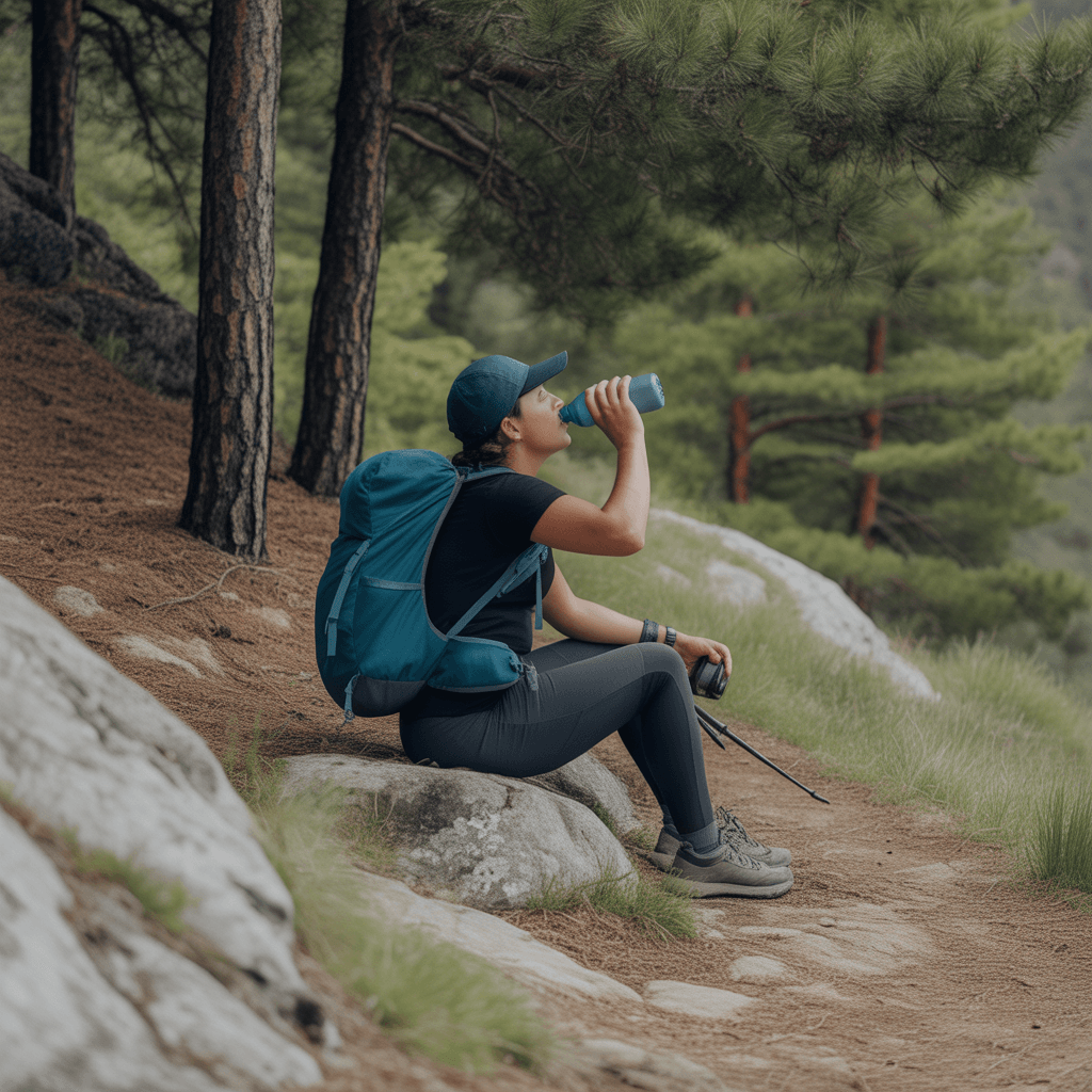 hiker resting in shade during hot weather hike while drinking water and cooling down