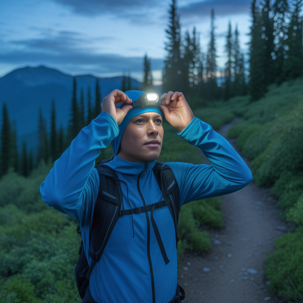 hiker adjusting headlamp for safe night hiking on mountain trail