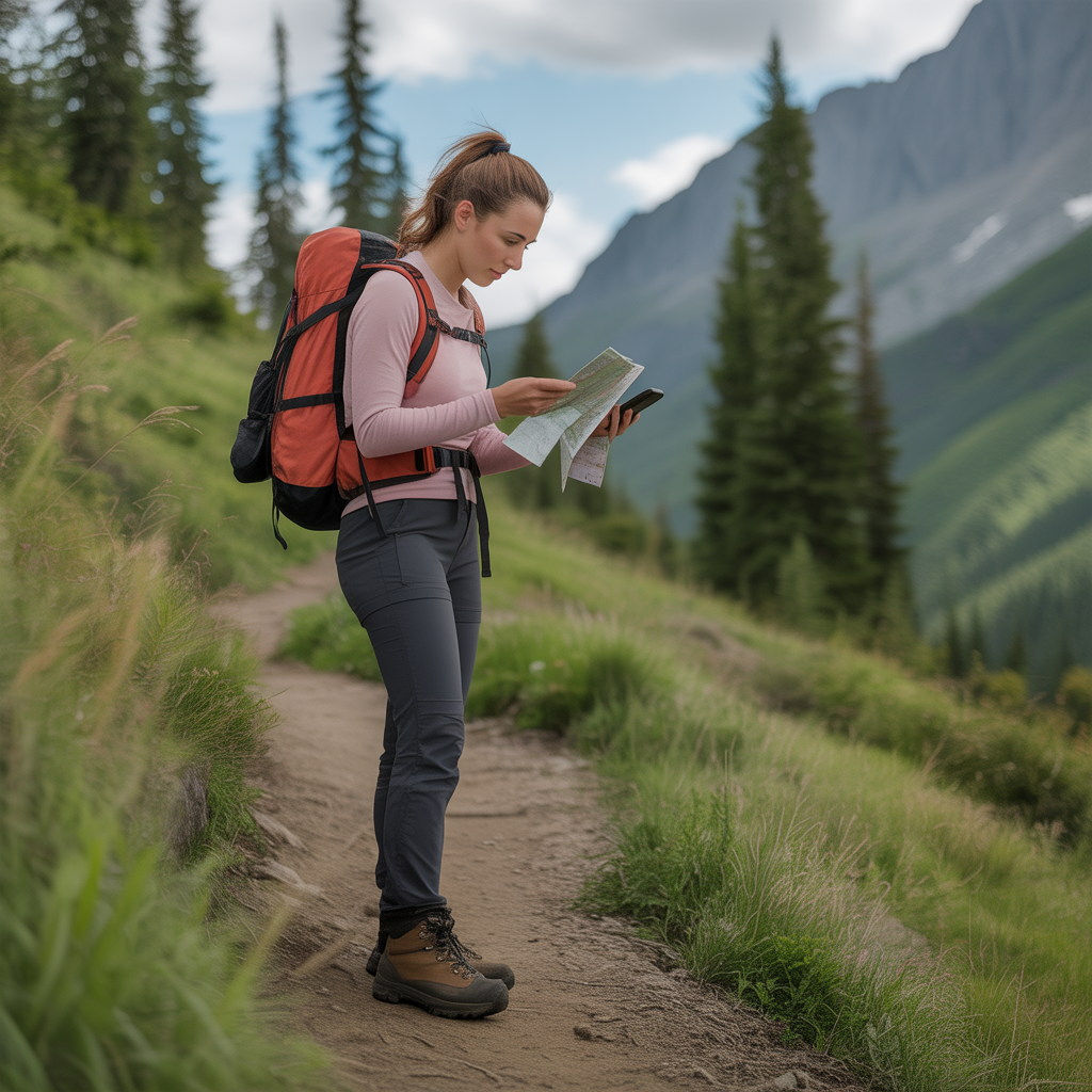 female hiker using phone navigation and map on mountain trail for safe solo hiking