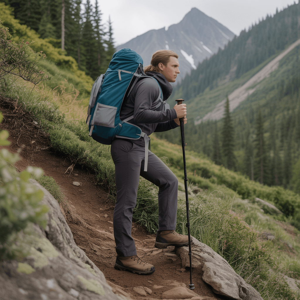 hiker showing proper upright body position and technique for efficient uphill hiking