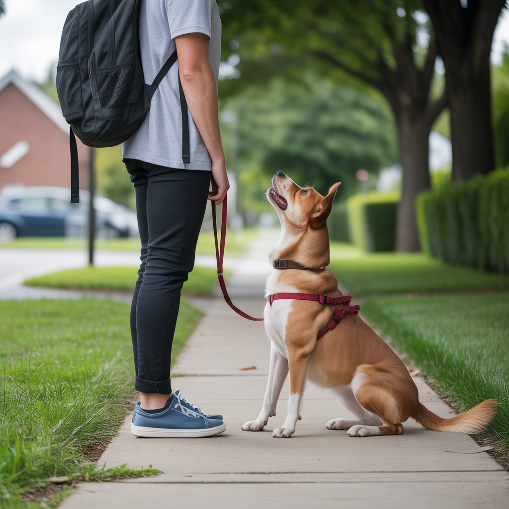 dog looking attentively at owner during leash training practice session before hiking