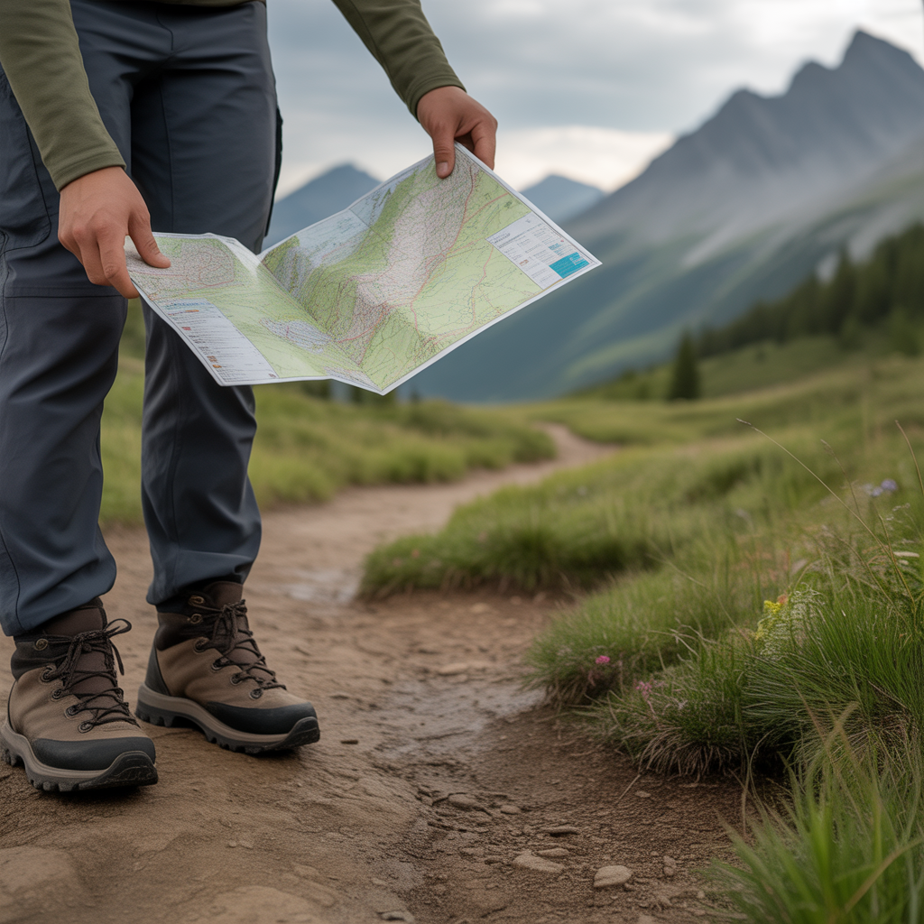 hiker using paper map for navigation on trail without cell service