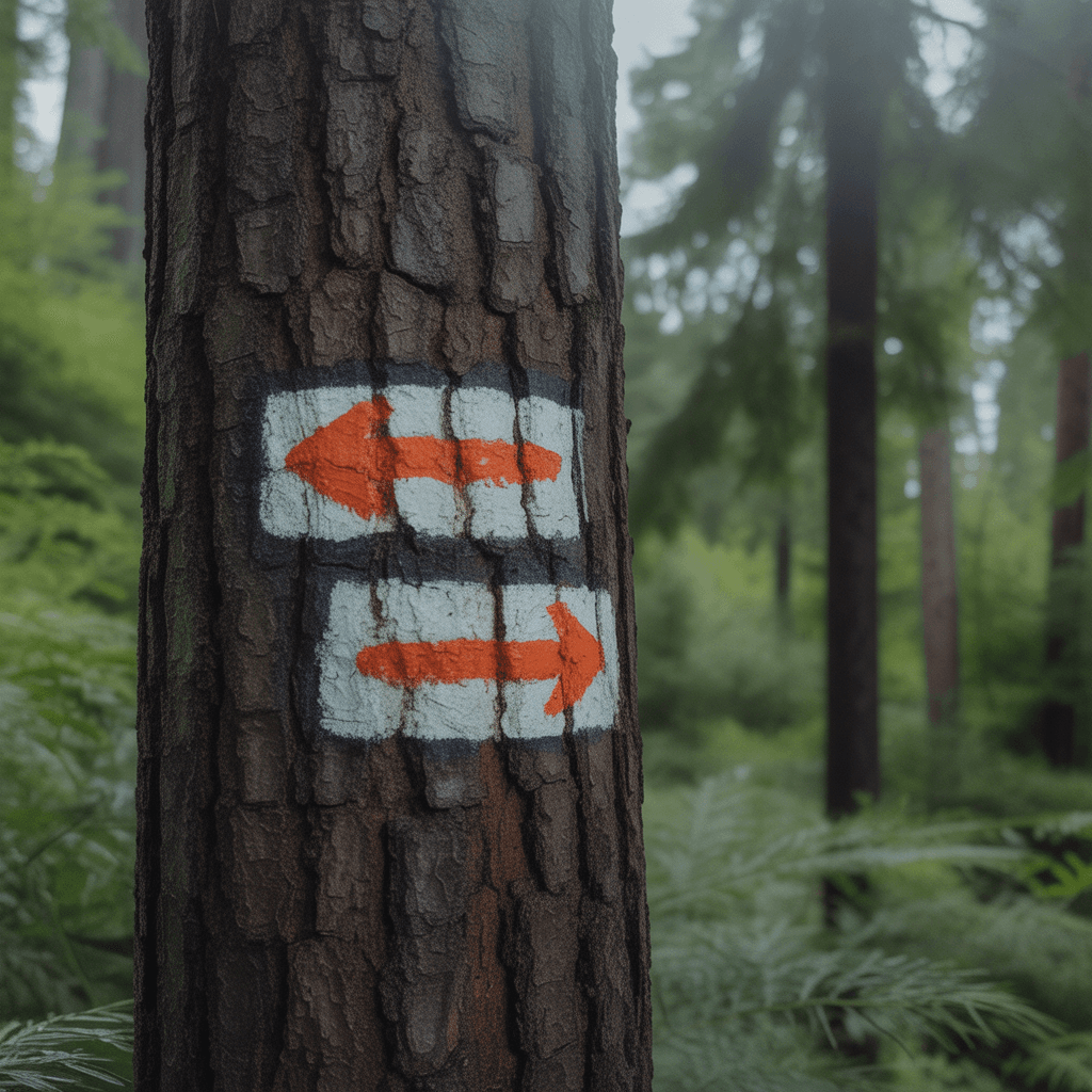 offset double trail blazes showing turn on hiking trail