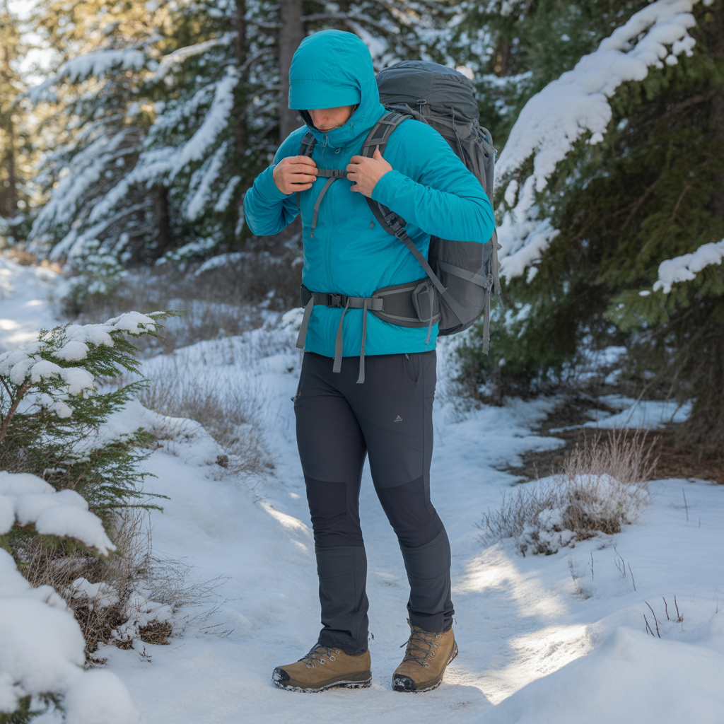 hiker managing clothing layers on cold weather trail to regulate temperature while winter hiking