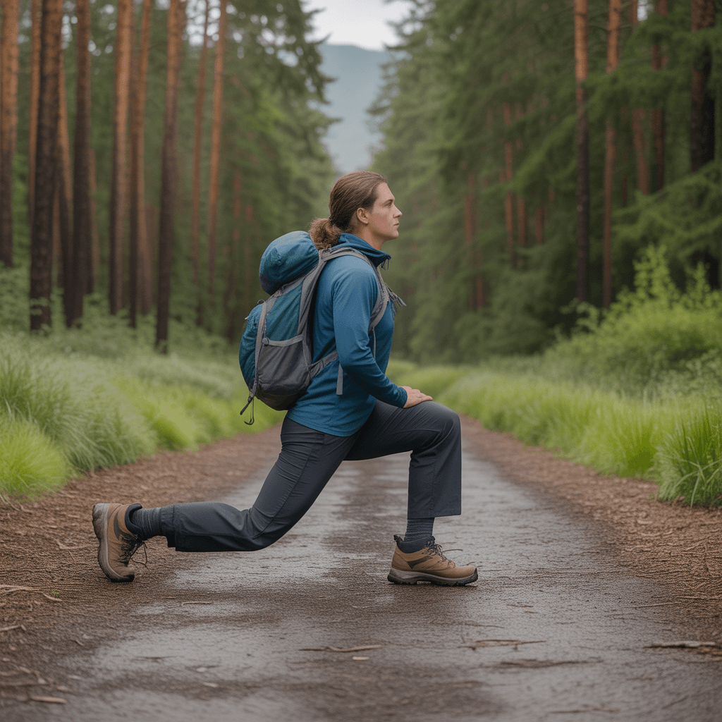 person doing lunges to train for hiking on forest trail in proper hiking footwear