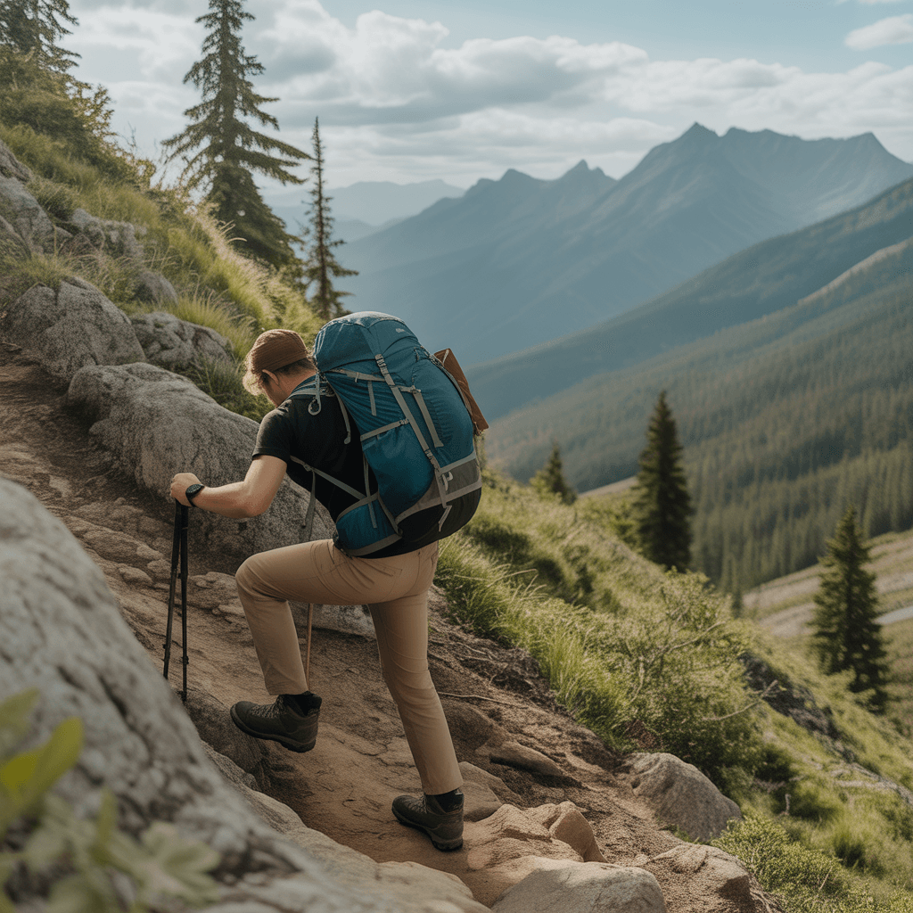hiker climbing steep trail demonstrating muscles used during uphill hiking