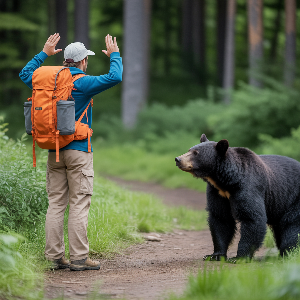 hiker standing still with arms raised while encountering a bear on the trail