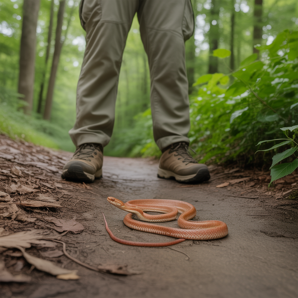 hiker standing still at safe distance observing copperhead snake on hiking trail