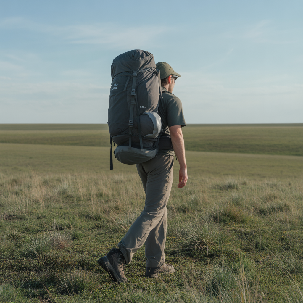 Wide width hiking boots on a hiker walking across open Great Plains grassland