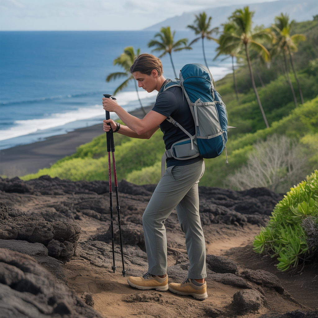 Hiker adjusting hiking pole length for knee protection on a Hawaiian lava trail