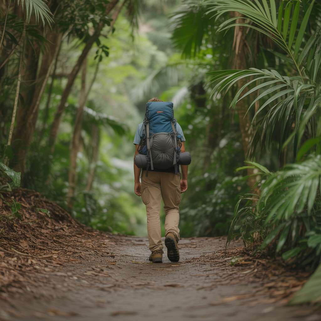 Day hiker on a tropical trail illustrating how to choose the right hiking backpack for day hikes