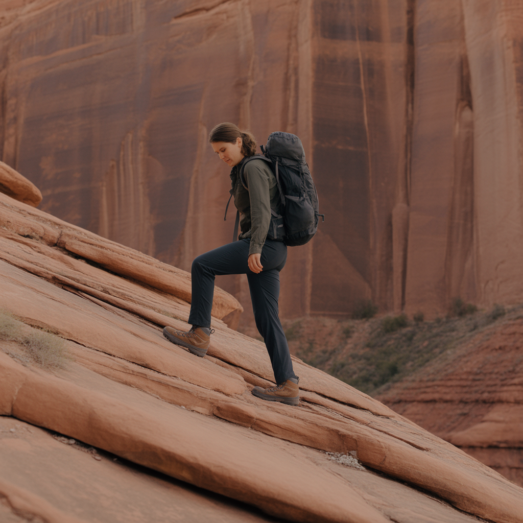 Hiker descending a red rock canyon trail testing wide fit hiking boots on a downhill slope