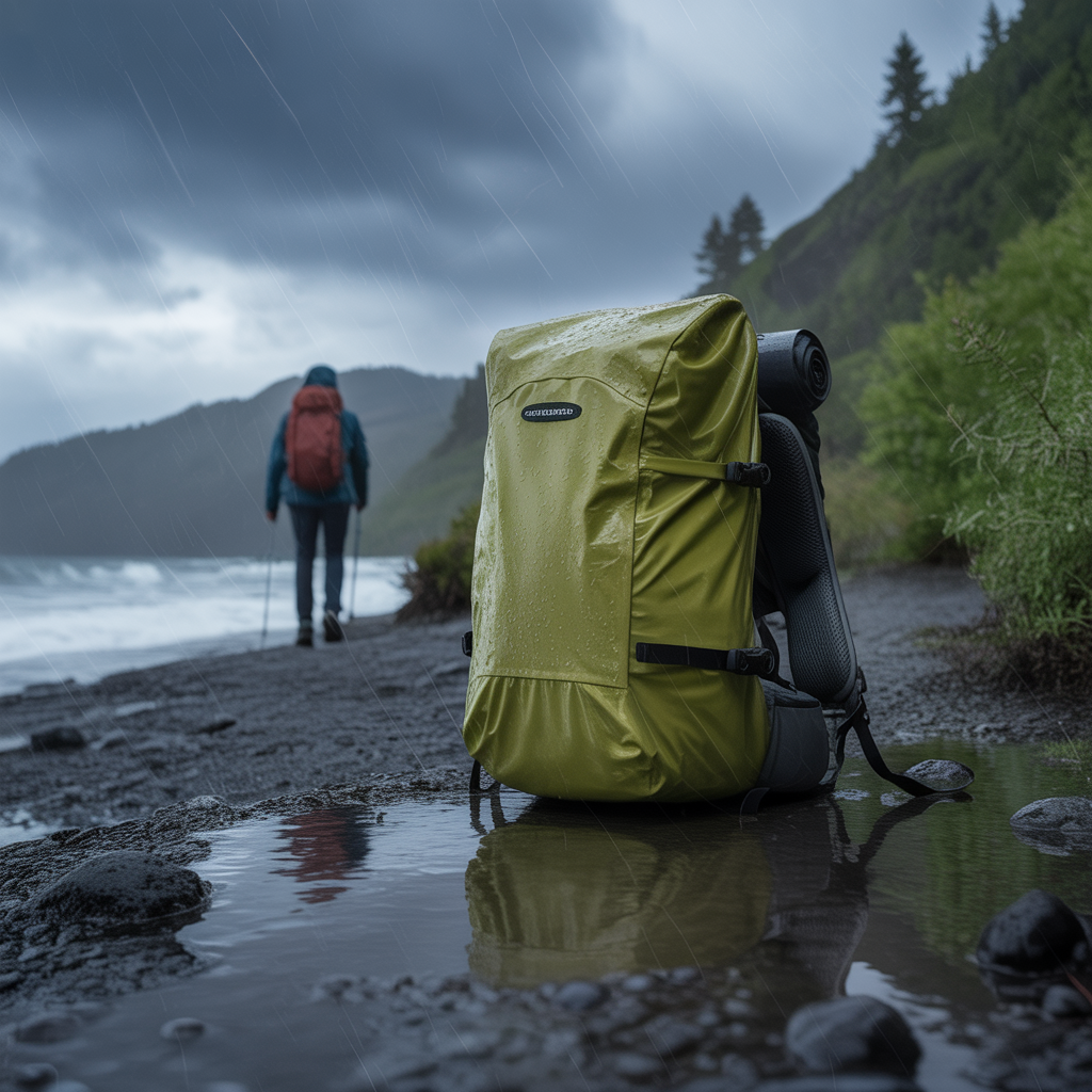 Hiking backpack with rain cover on Oregon coast trail illustrating how to keep gear dry while hiking in rain