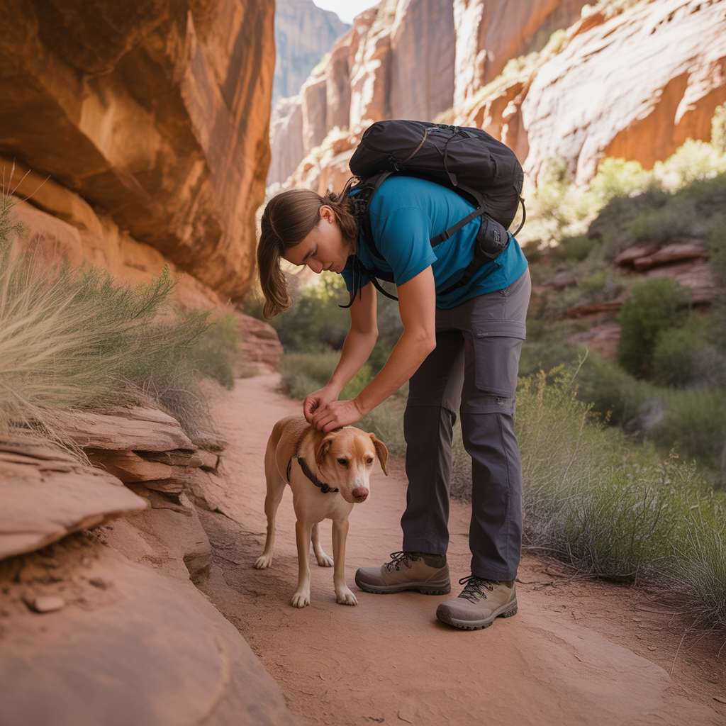 hiker checking dog for ticks after hiking with your dog on a desert trail