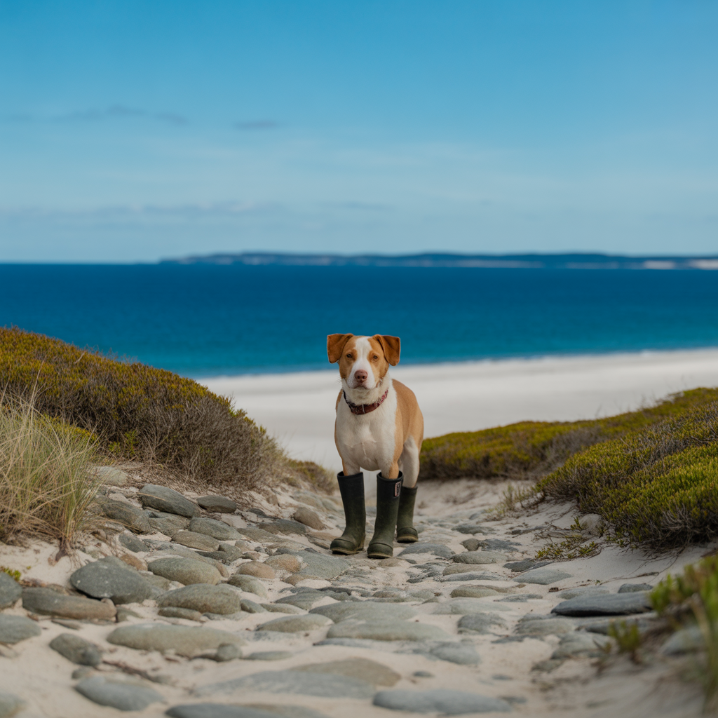 Dog wearing protective boots on a coastal hiking trail, relevant to hiking with your dog on rough terrain