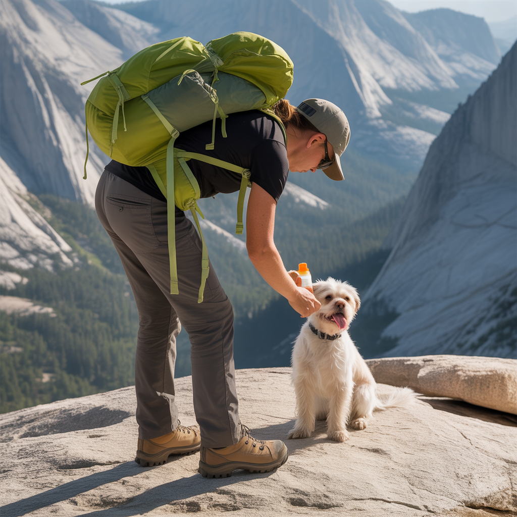 hiker applying sunscreen to a dog before a summer hike on an exposed mountain trail