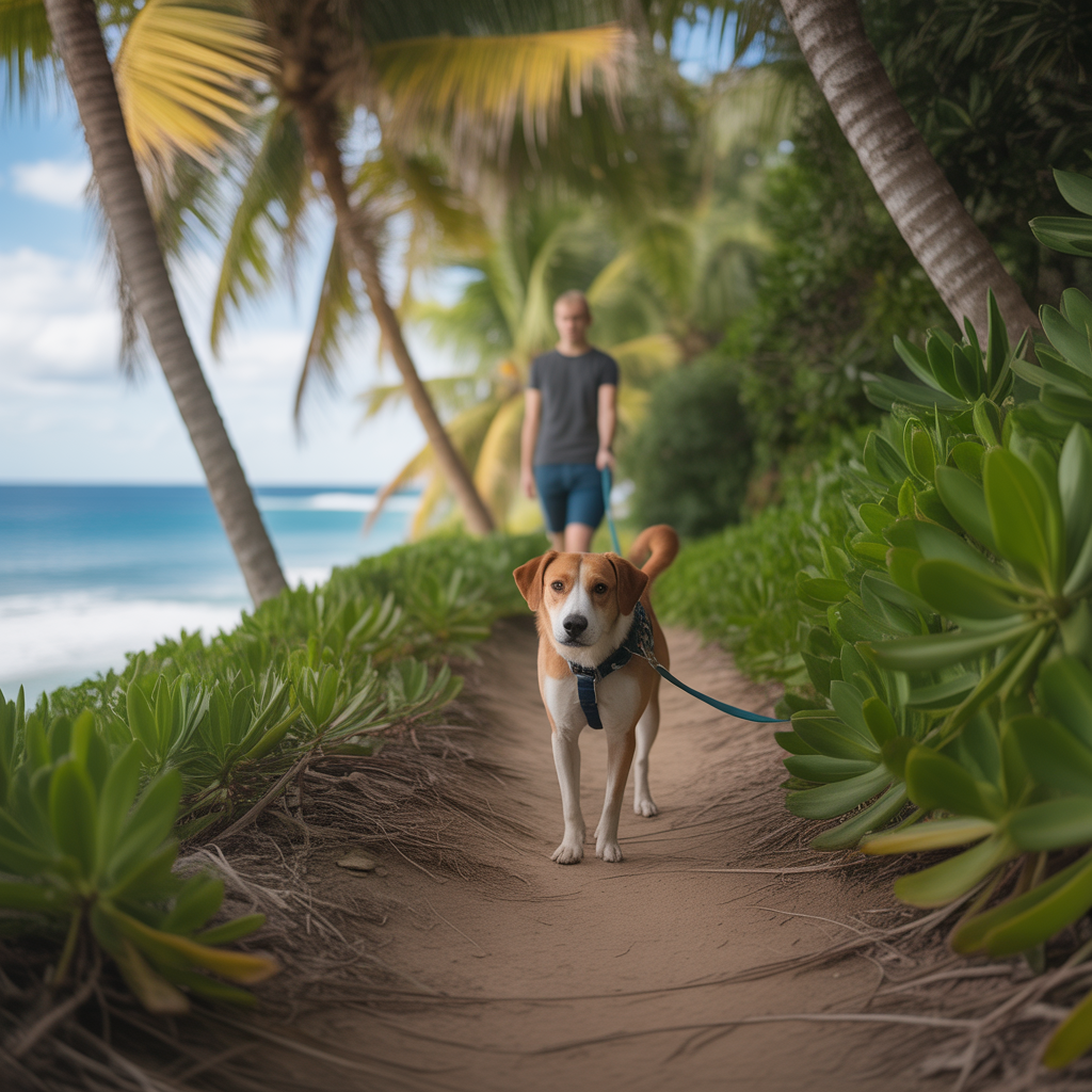 dog being kept on leash on a tropical hiking trail to reduce tick exposure while hiking
