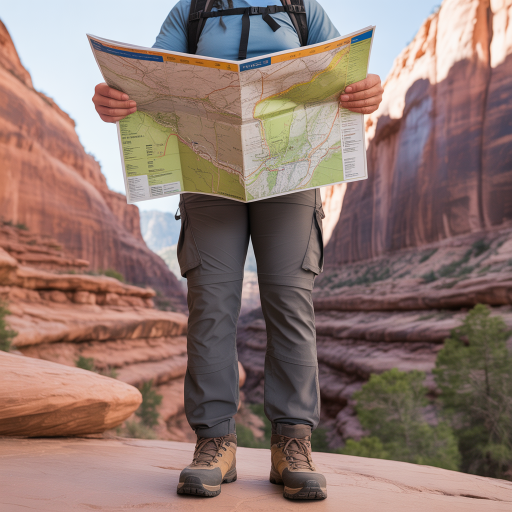 Hiker reading a paper trail map in a Utah red rock canyon, illustrating trail map symbols and navigation basics