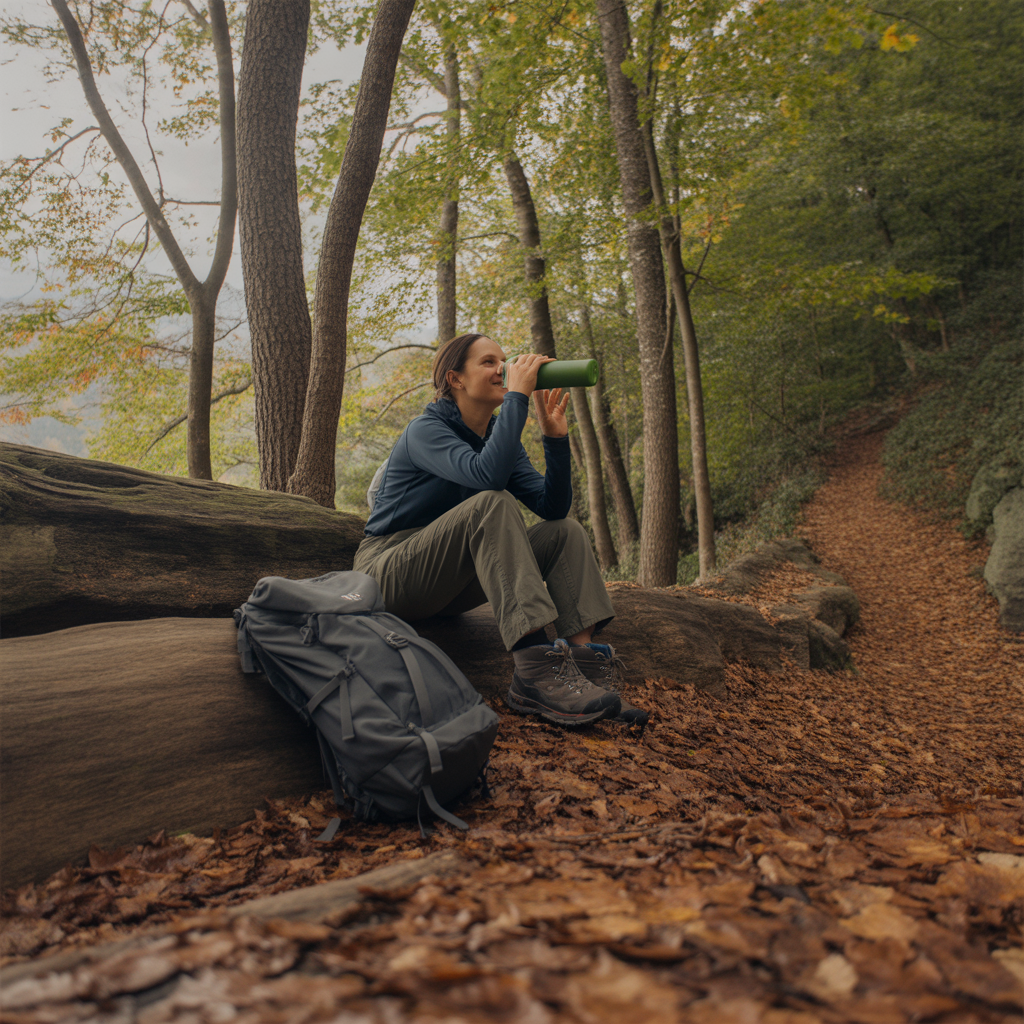 Hiker resting and rehydrating on a long hike in an Appalachian forest during autumn