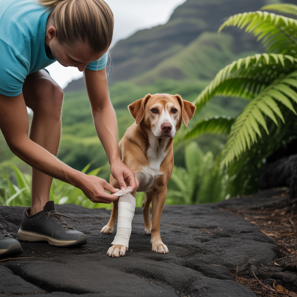 Owner bandaging a dog cut on a Hawaii trail using a dog first aid kit for the trail