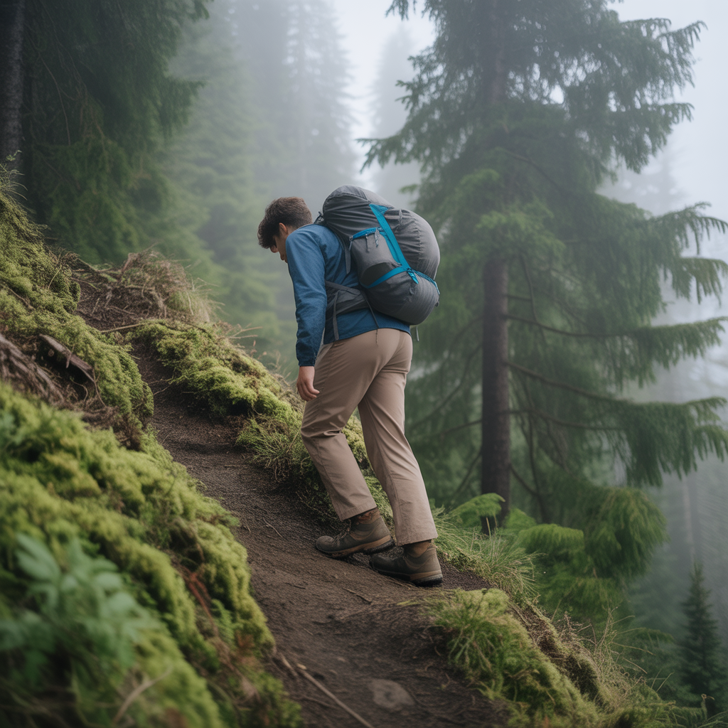 Hiker descending steep forest trail testing toe room in wide toe box vs wide width hiking boots