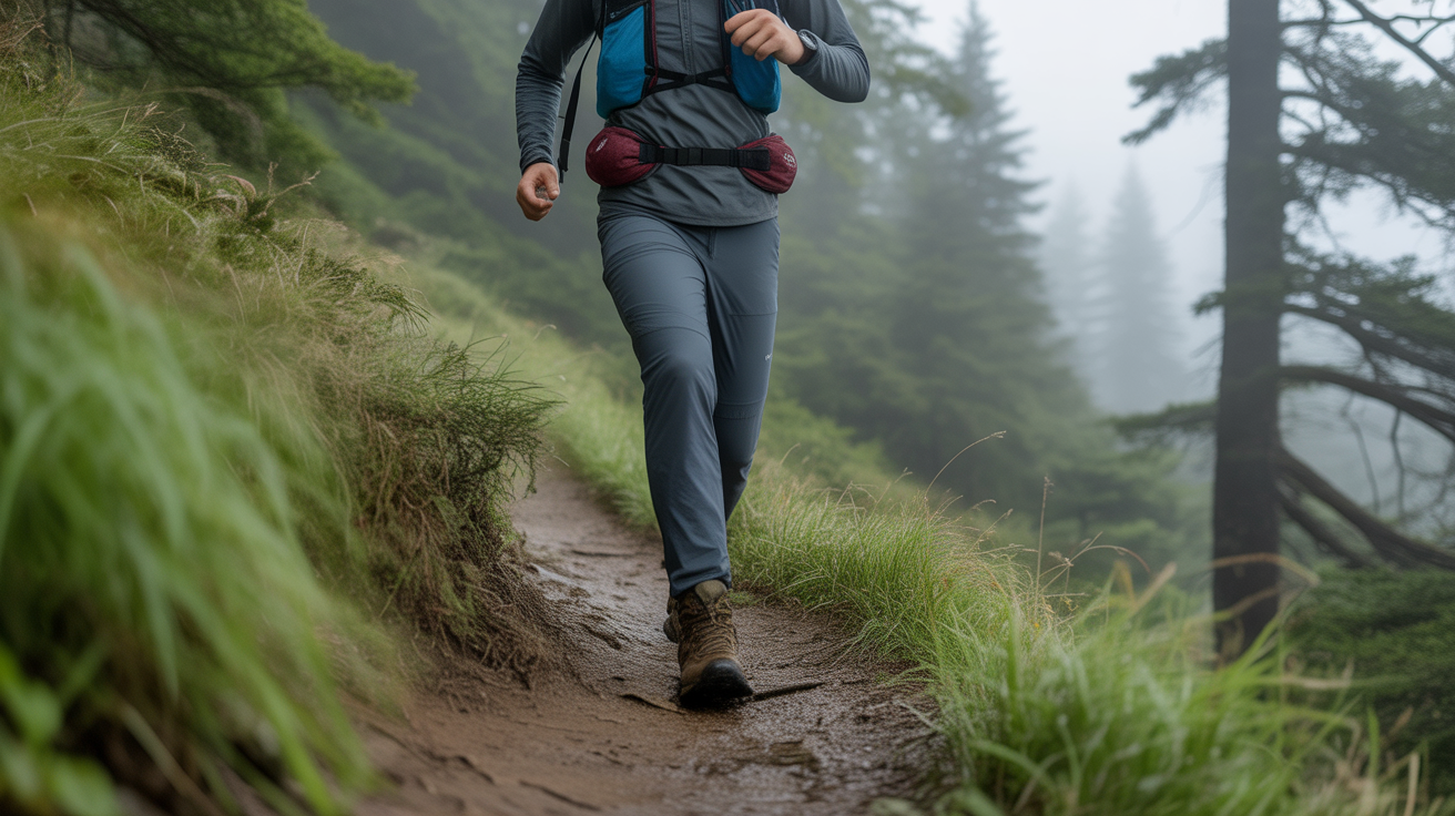 trail runner wearing the best hip pack for hiking on a misty Great Smoky Mountains ridge trail