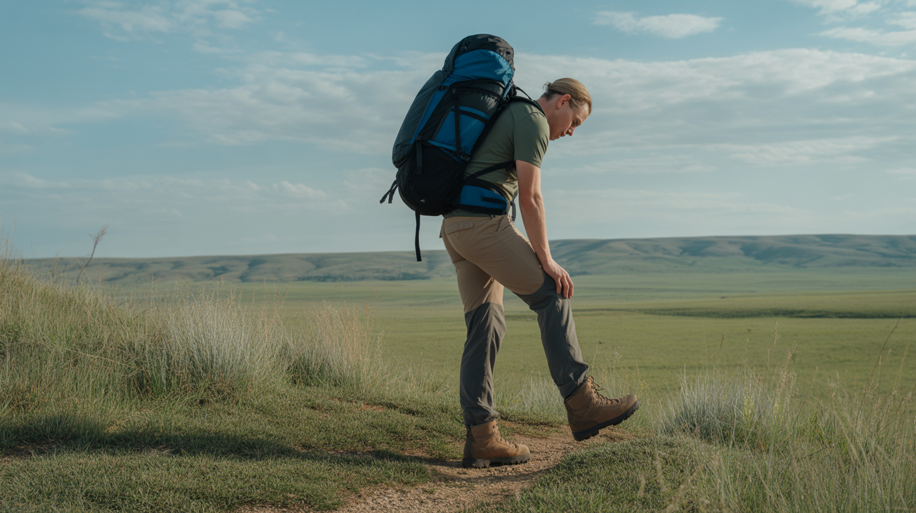 Hiker checking fit of wide width hiking boots at a Great Plains trailhead