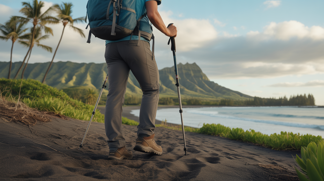 Hiker using hiking poles for bad knees on a black sand beach trail in Hawaii
