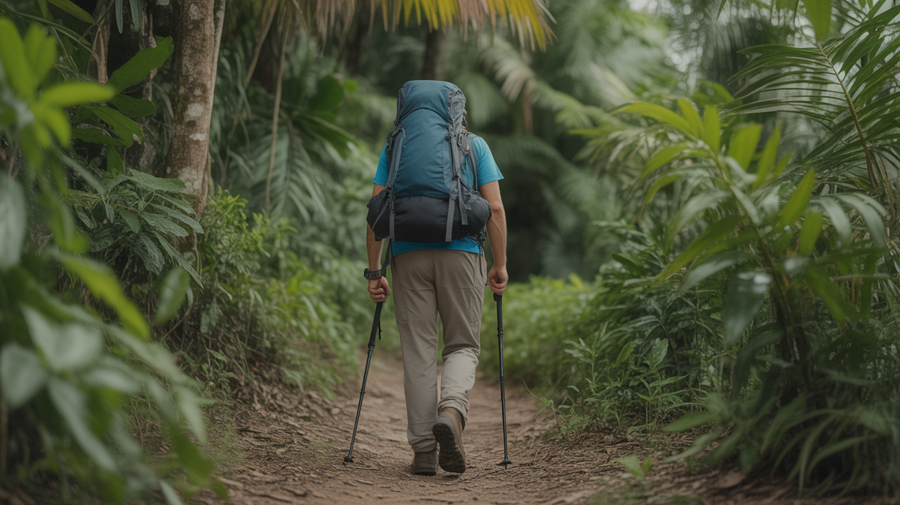 Hiker on a jungle trail demonstrating how to choose the right hiking backpack for day hikes