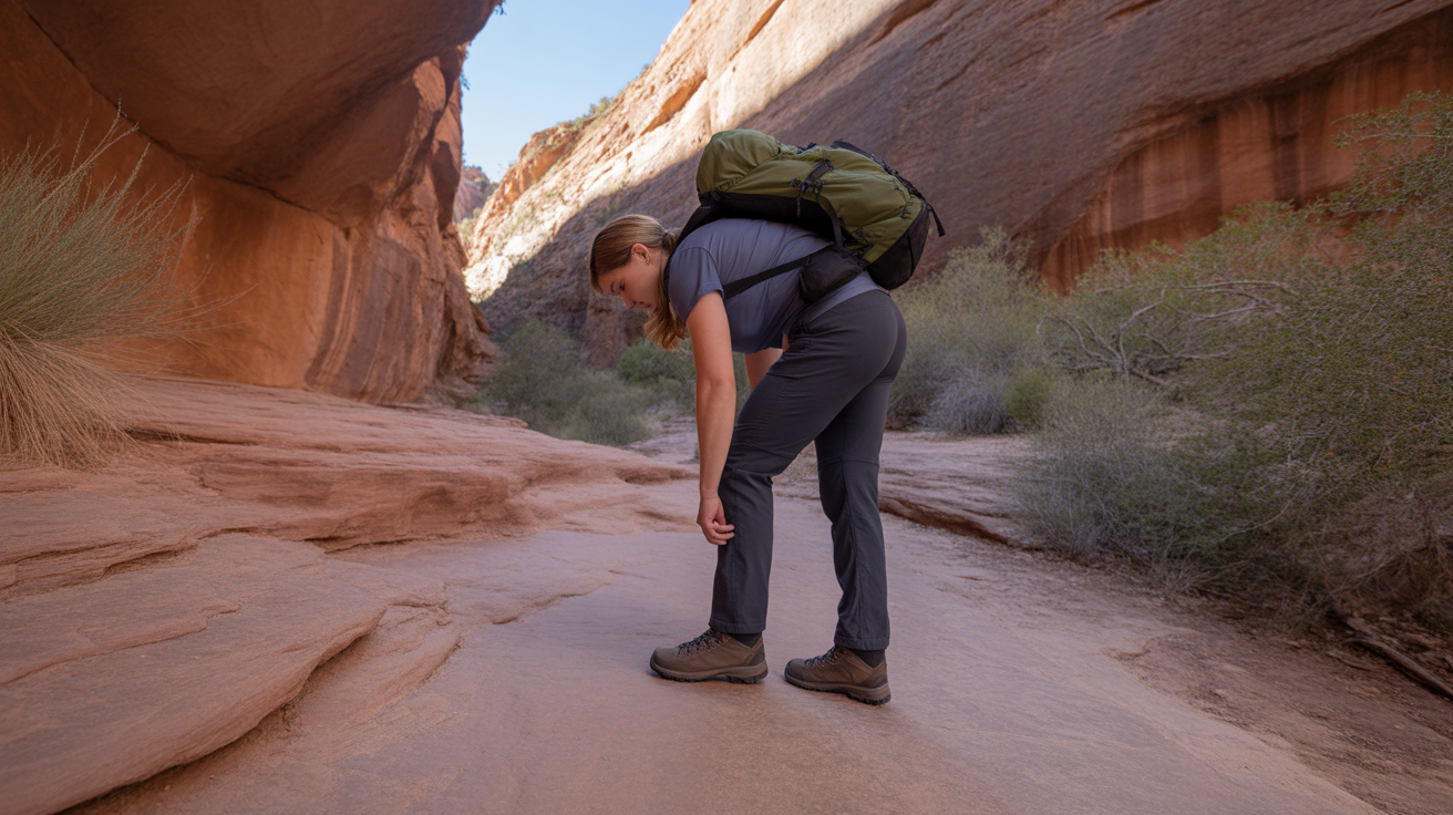 Hiker checking the fit of hiking boots for wide feet at a Utah canyon trailhead