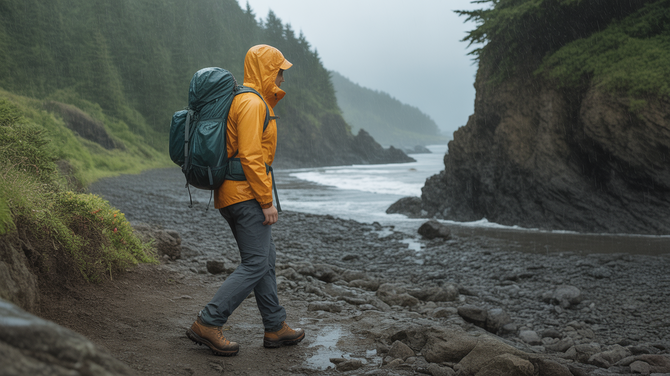 Hiker in rain jacket on Oregon coast trail demonstrating how to hike in the rain without misery
