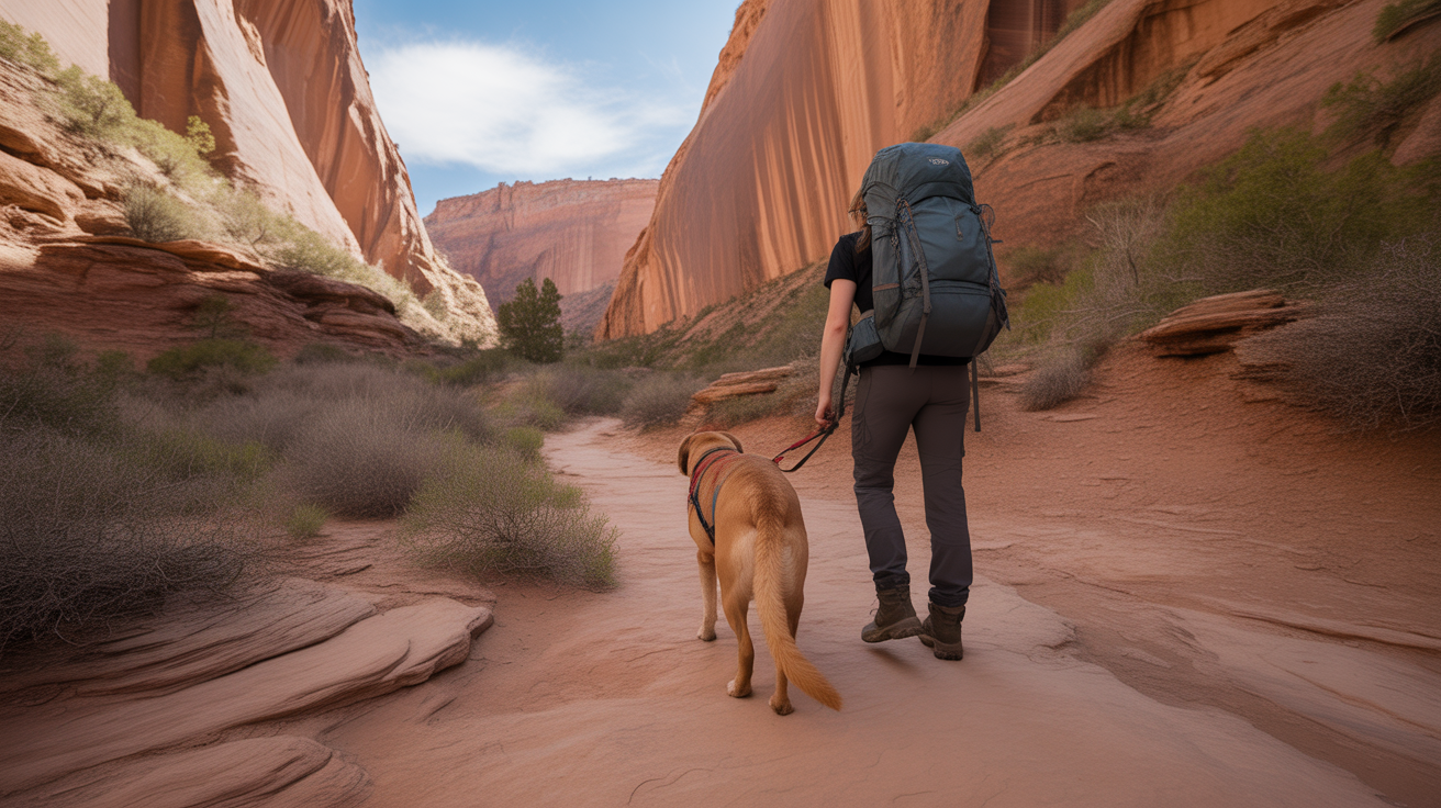 hiker and dog walking together on a desert canyon trail, how to hike with your dog beginners guide
