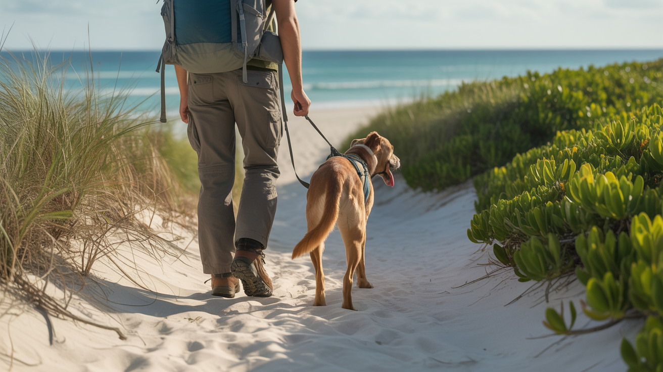 Person hiking with their dog on a coastal trail, demonstrating how to hike with your dog safely on leash