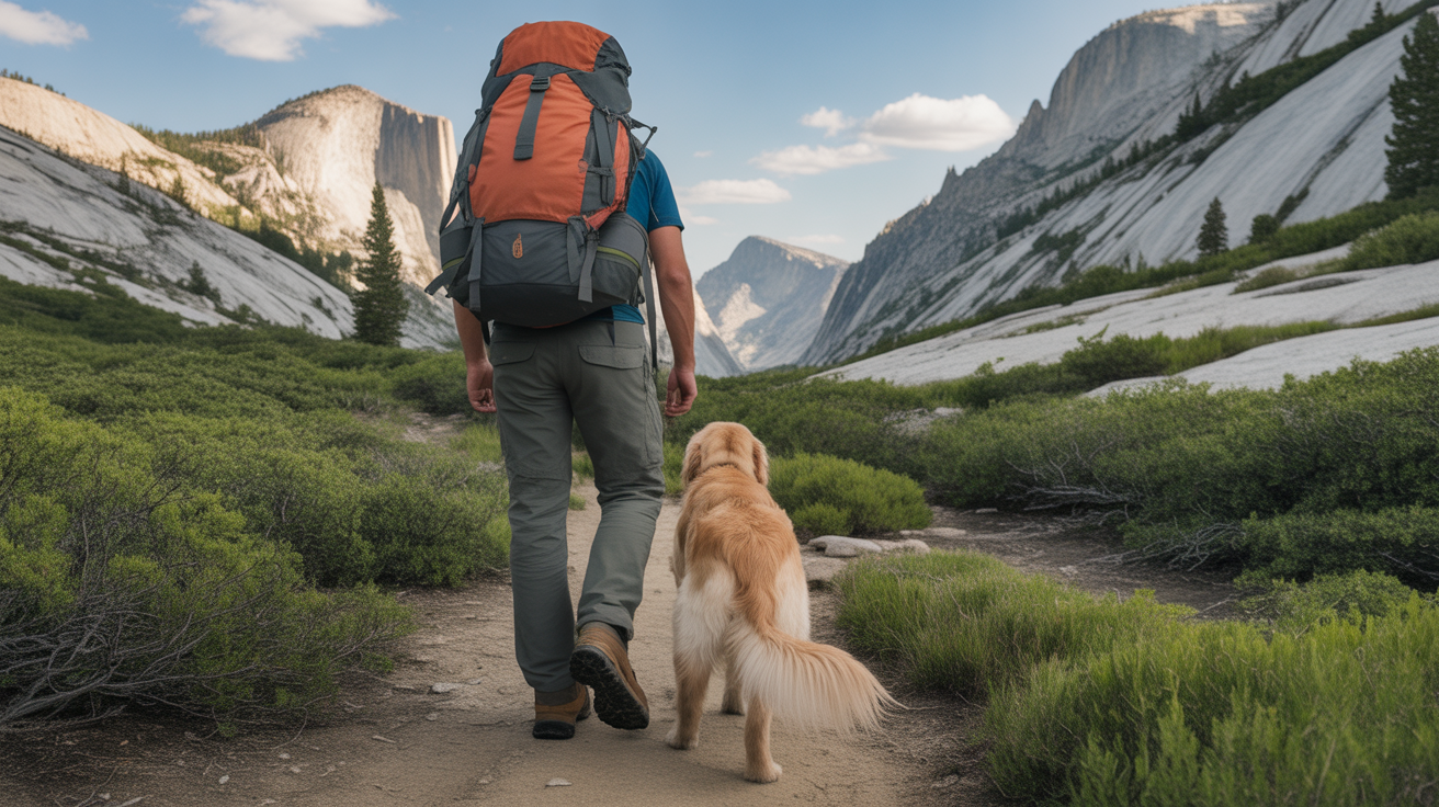 hiker and dog on a summer mountain trail illustrating how to keep your dog safe on hot summer hikes