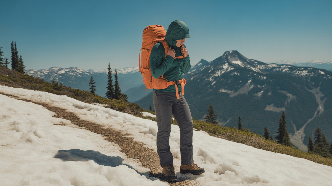 Hiker demonstrating how to layer clothing for cold weather hiking on a snowy alpine trail in the Washington Cascades