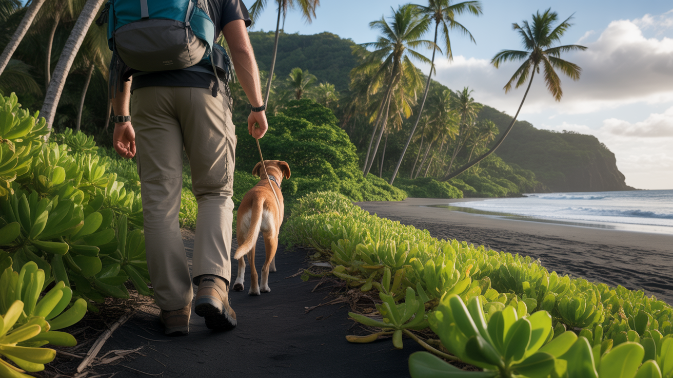 dog owner hiking on a tropical trail learning how to protect their dog from ticks while hiking