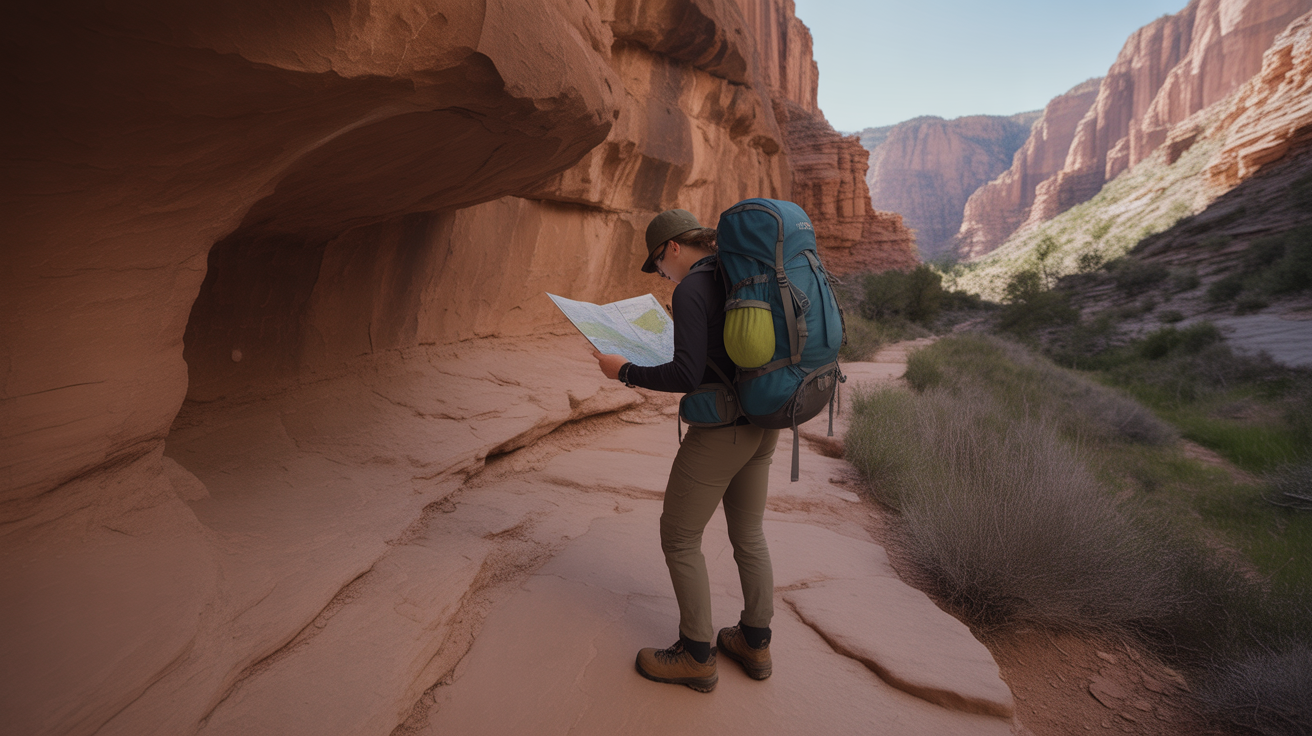 Hiker reading a trail map on a Utah canyon trail, demonstrating how to read a trail map and when to use a GPS watch