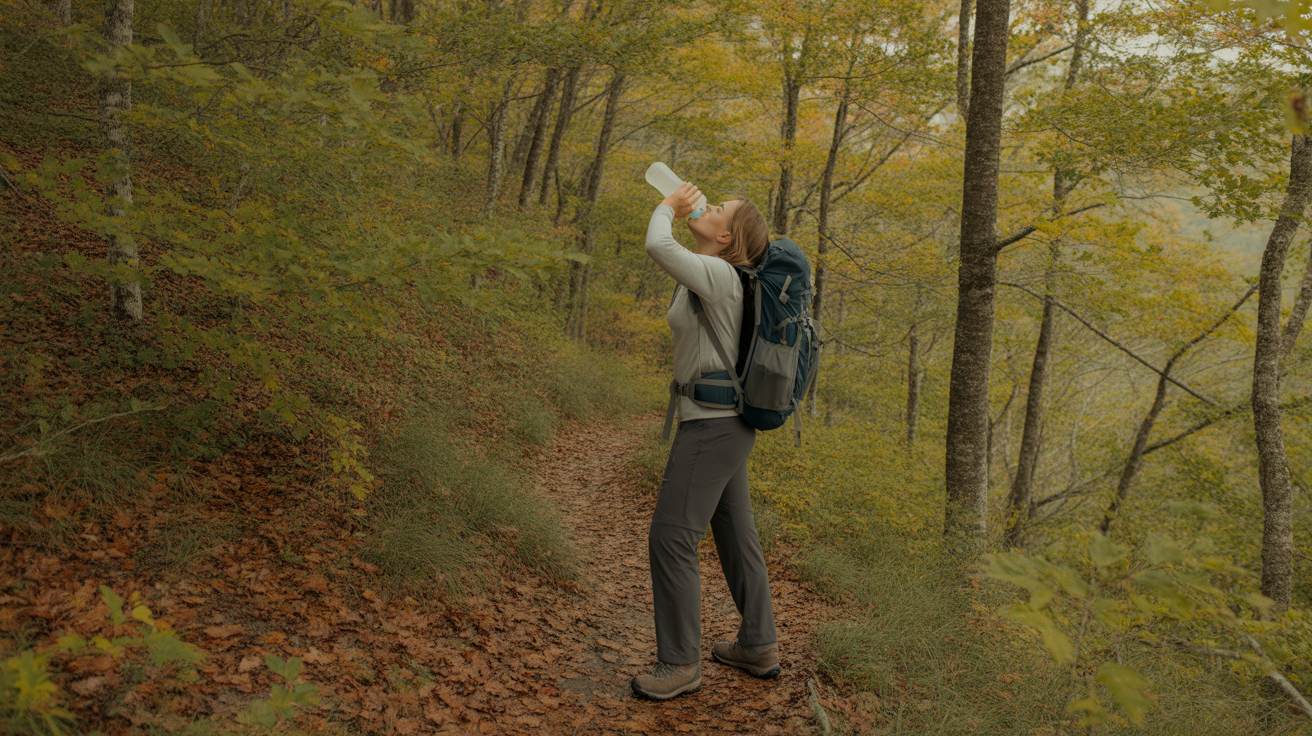 Hiker drinking water on a long hike through an Appalachian forest trail in autumn
