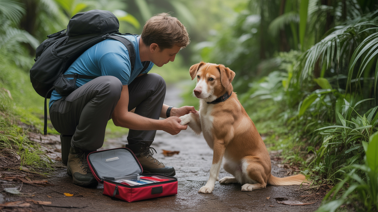 Dog owner checking their dog on a Hawaii trail with a dog first aid kit open beside them