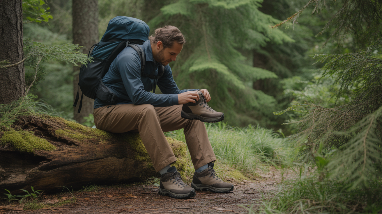 Hiker examining wide toe box vs wide width hiking boots on a mossy trail in a Pacific Northwest forest