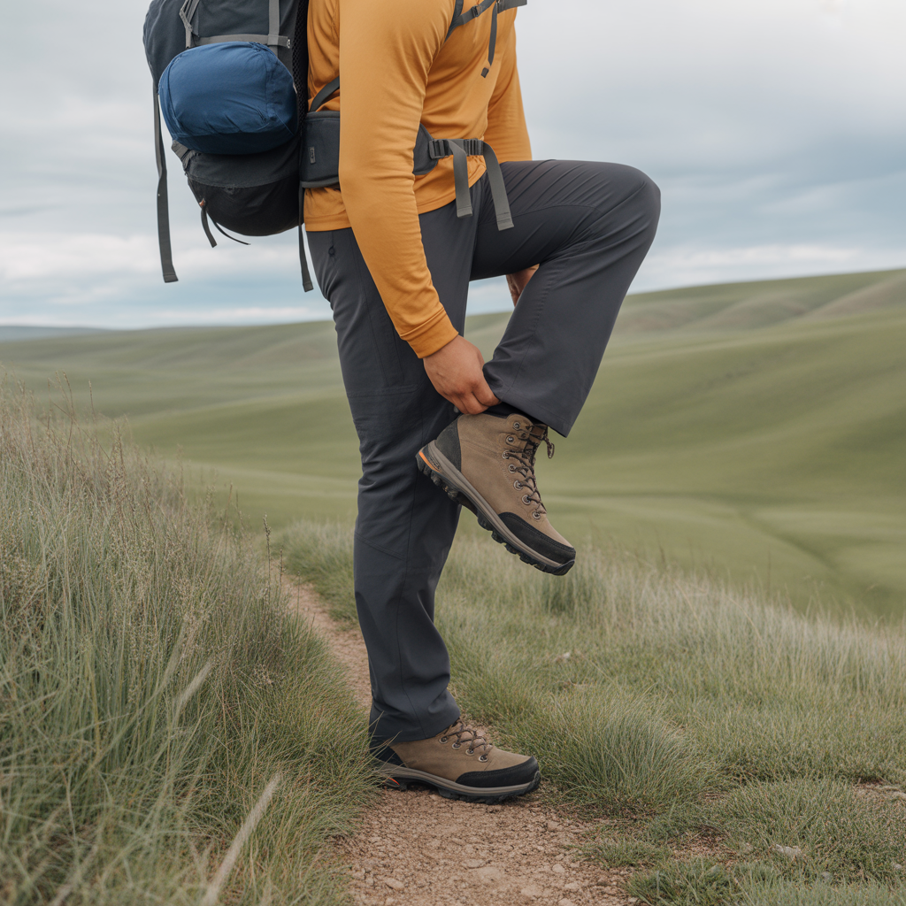Hiker checking whether hiking boots fit wide width correctly on a Kansas grassland trail