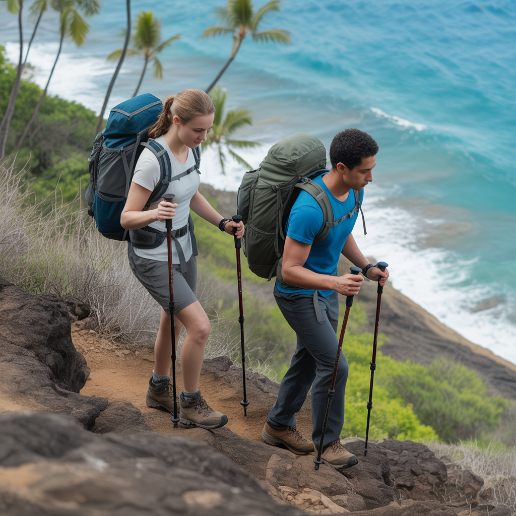 Two hikers using two hiking poles each for bad knees on a Hawaiian coastal trail descent